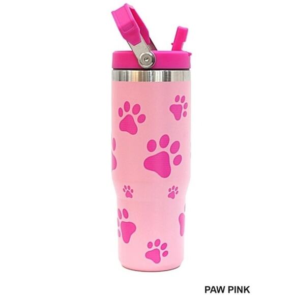 Hot and Light Pink Animal Paw Print Stainless Steel Insulated 30 oz Tumbler - Picture 1 of 2